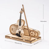 a violin on a wooden stand with measurements