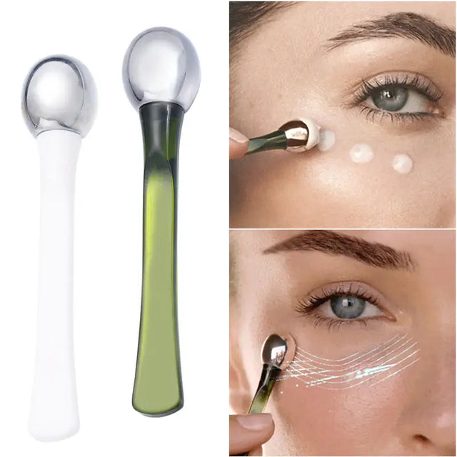 a close up of a person using a spoon to apply cream on their eyes