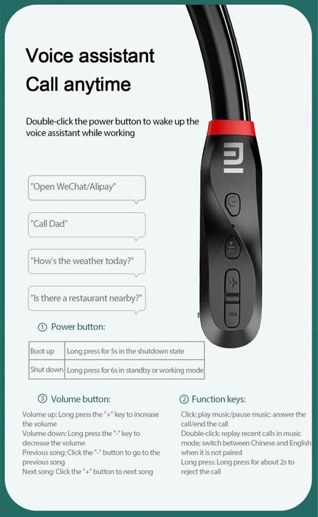 Voice assistant device with buttons and a display showing sample voice commands.