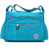 a blue purse with a zipper and a zippered pocket