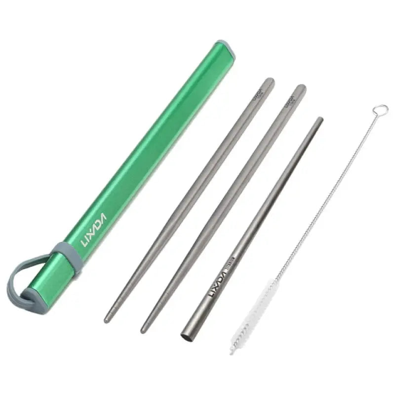 a green and silver straw set with a metal straw holder