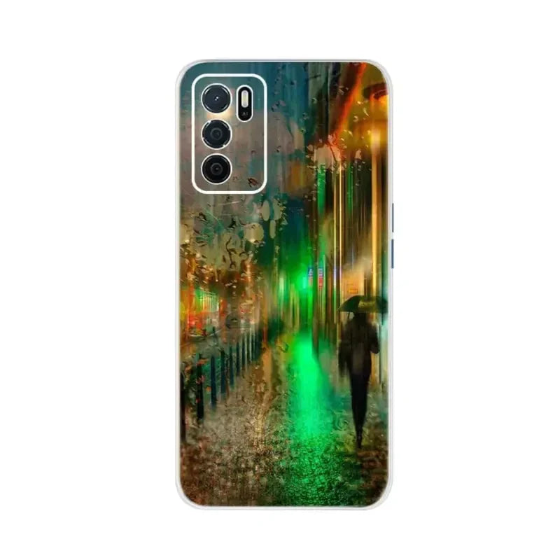 a man walking down the street with a green light on his phone case