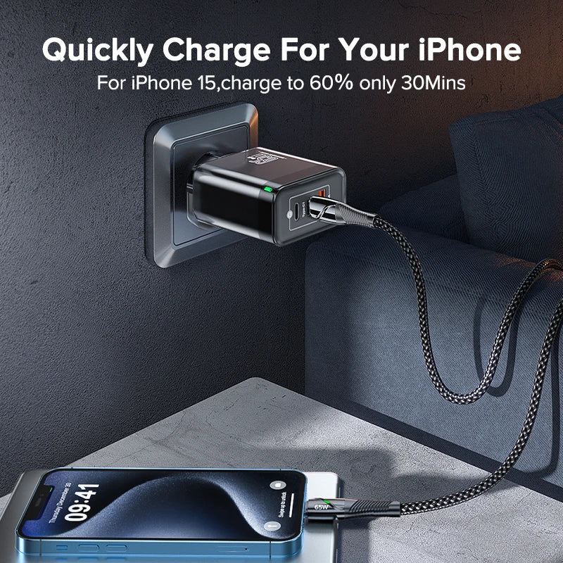 Fast-charging wall adapter for iPhone with a braided charging cable connected to an iPhone 15.