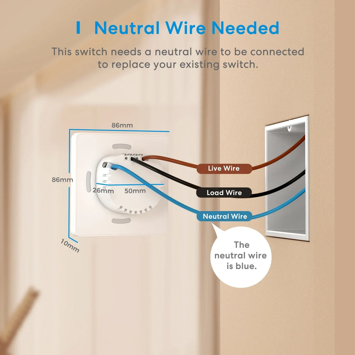 a wall mounted light switch with a wire connected to the wall