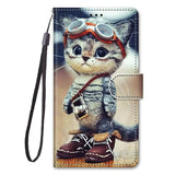 a cat with goggles glasses and a hat on a wallet case