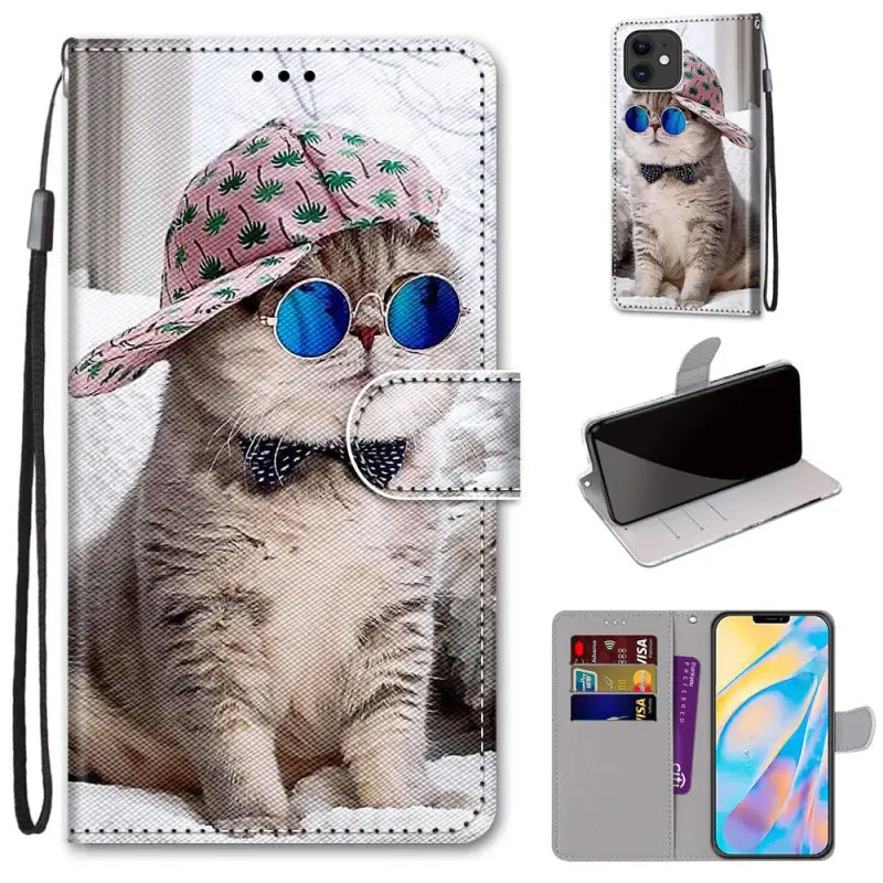 cat wearing a hat and sunglasses wallet case