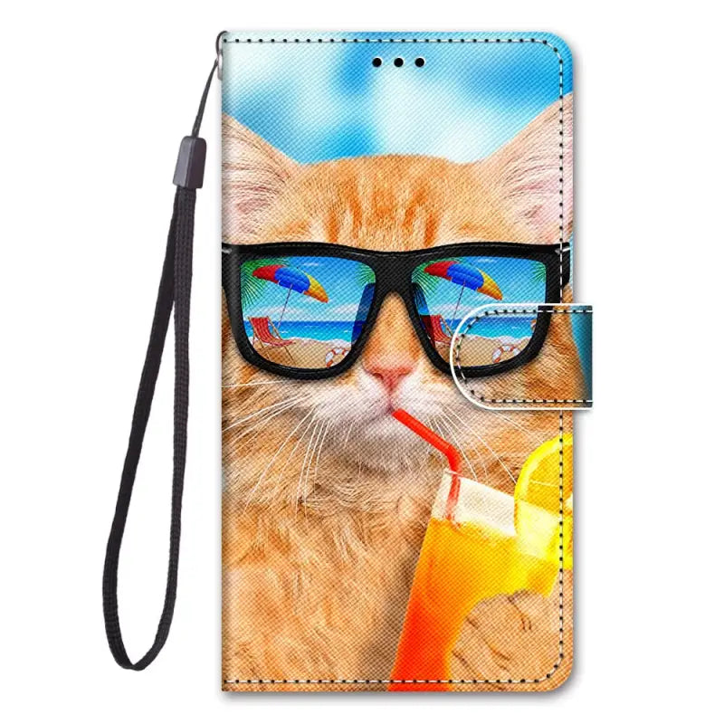 a cat with sunglasses and a drink phone case