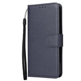 the back of a blue leather wallet case with a black strap