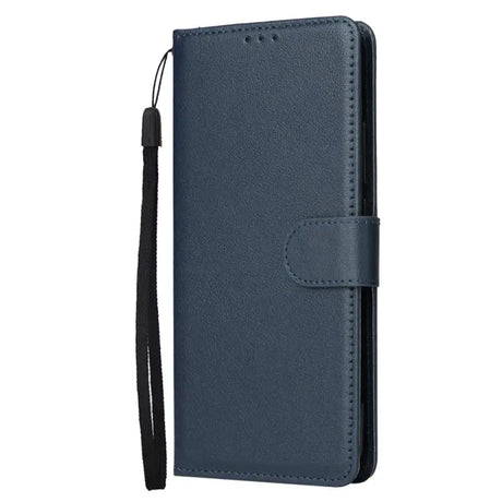 the back of a blue leather wallet case with a black strap