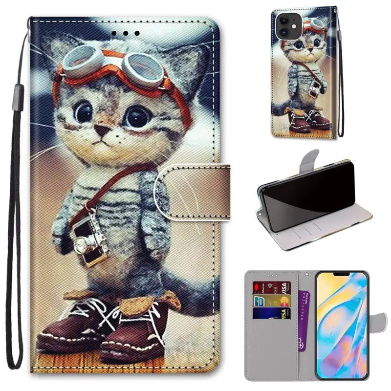 cat with glasses and hat wallet case