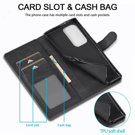 Wallet-style phone case with card slots and cash pocket.