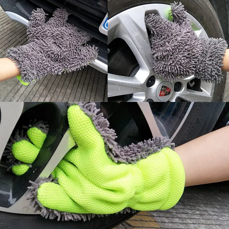 a close up of a person cleaning a car wheel with a pair of gloves