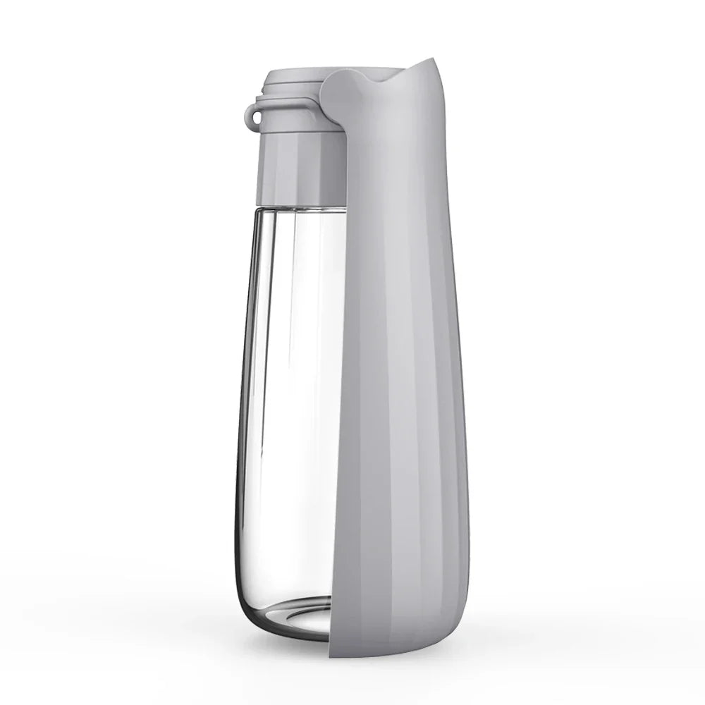 the water bottle is a grey plastic bottle with a plastic lid