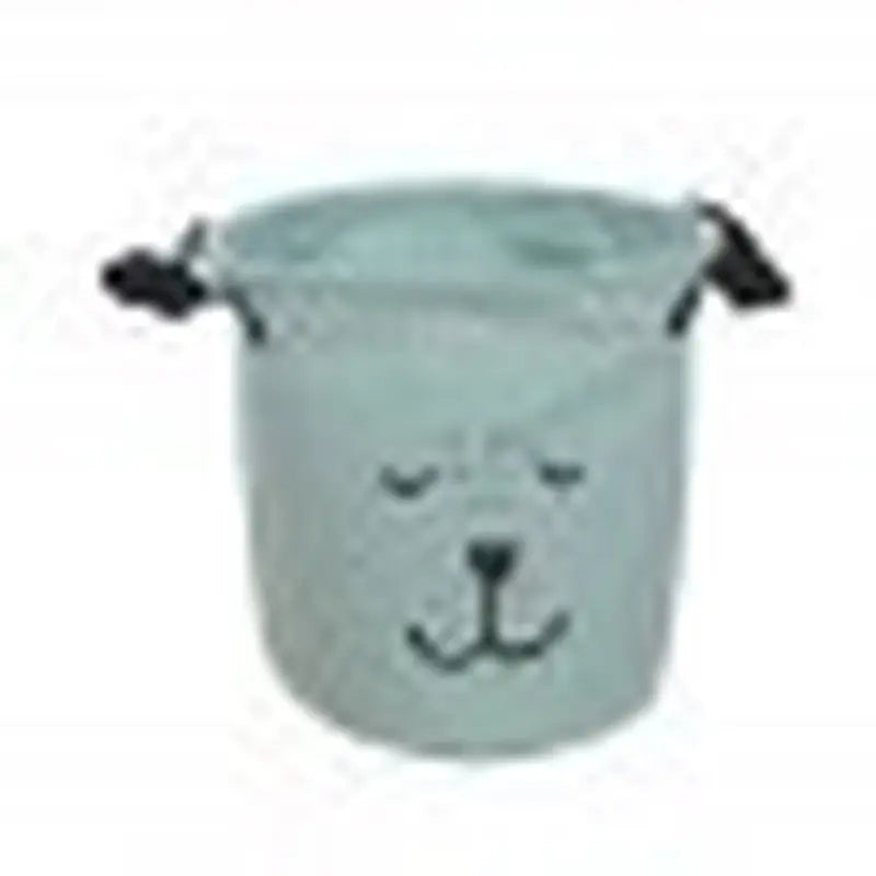 a small blue bucket with a black handle