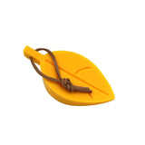 yellow plastic leaf shaped keychain with a knot on a white background