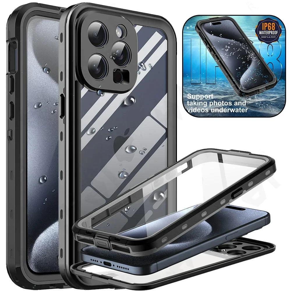 Waterproof protective case for an iPhone with a multi-lens camera system.