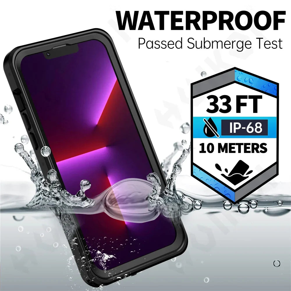 Waterproof smartphone case shown submerged in water with splashes.