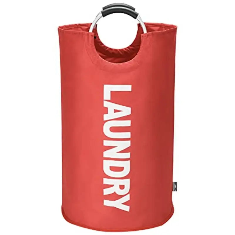 a red waterproof dry bag with the word laundry on it