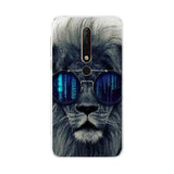 a close up of a cell phone with a lion wearing sunglasses