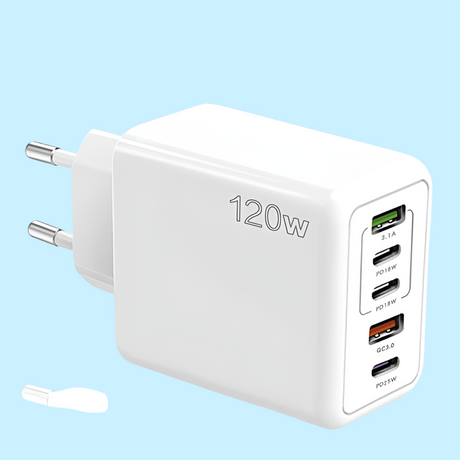 White 120W multi-port USB charger adapter with various charging ports.