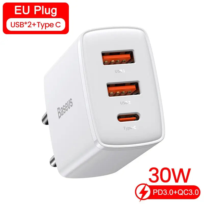 a white usb 2 - port charger with a red eu plug