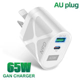 White 65W GaN charger with AU plug and dual USB ports (QC3.0 and PD).