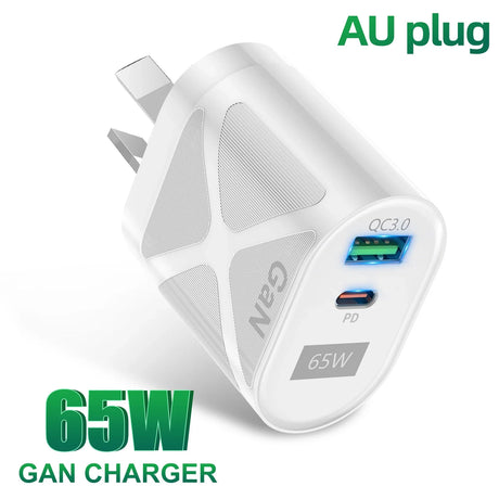 White 65W GaN charger with AU plug and dual USB ports (QC3.0 and PD).