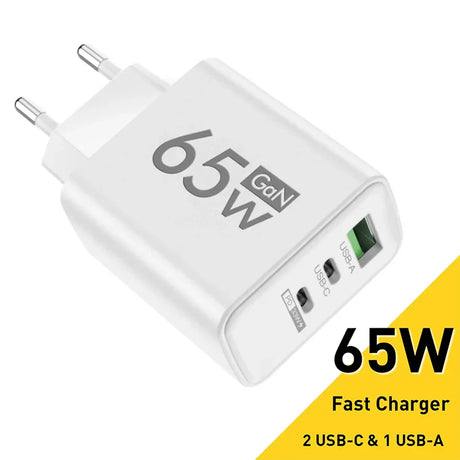 White 65W GaN fast charger with two USB-C ports and one USB-A port.