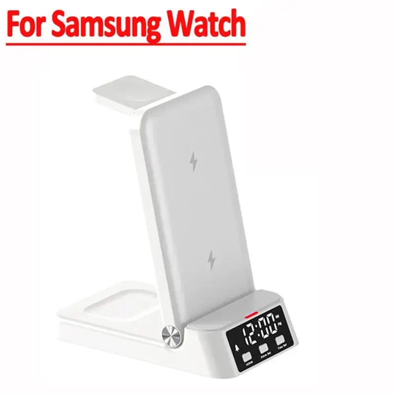 a white alarm clock with the words samsung watch