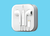 White Apple EarPods with Lightning connector in their plastic case.