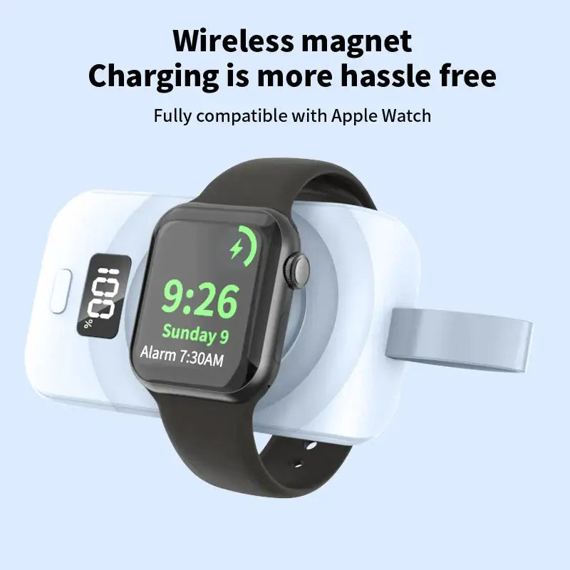 a white apple watch with a charging cable attached to it