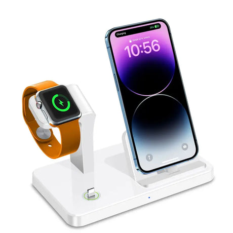 there is a white apple watch and a white iphone on a stand