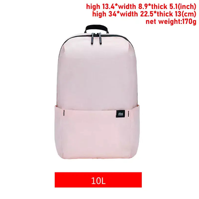 a white backpack with a black handle and a red handle