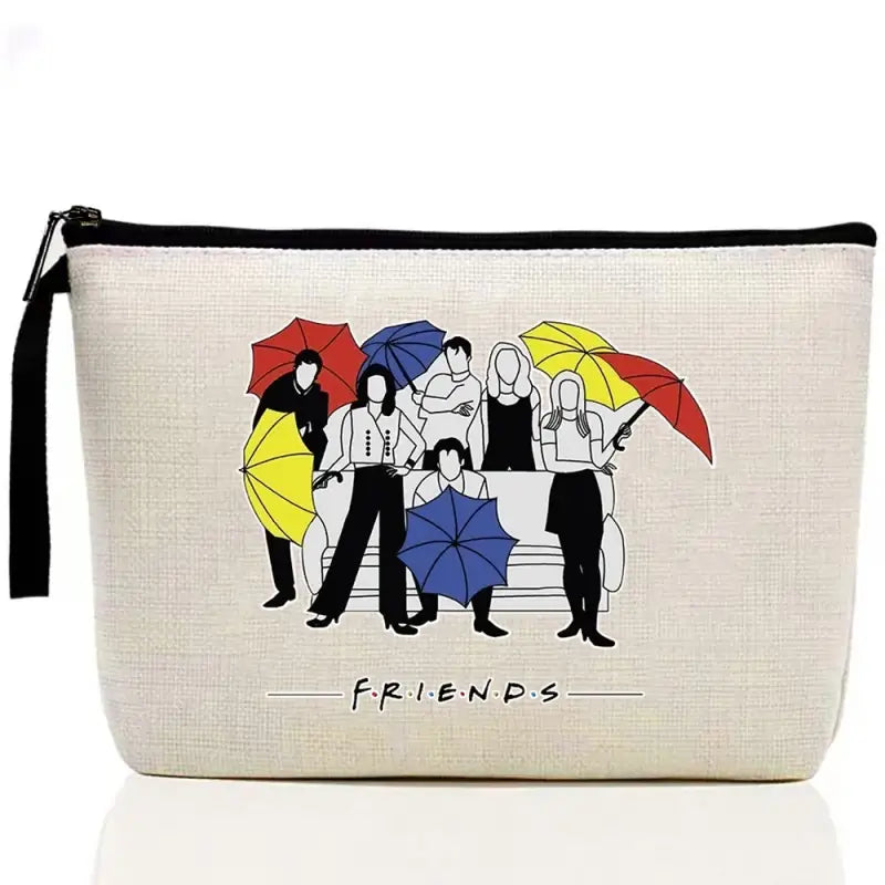 a white bag with a drawing of people holding umbrellas