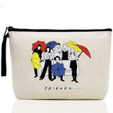 a white bag with a drawing of people holding umbrellas