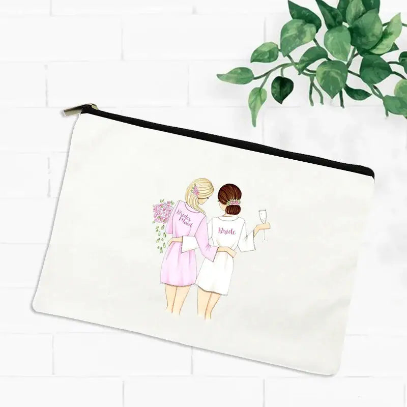 a white bag with a drawing of a woman holding a bouquet