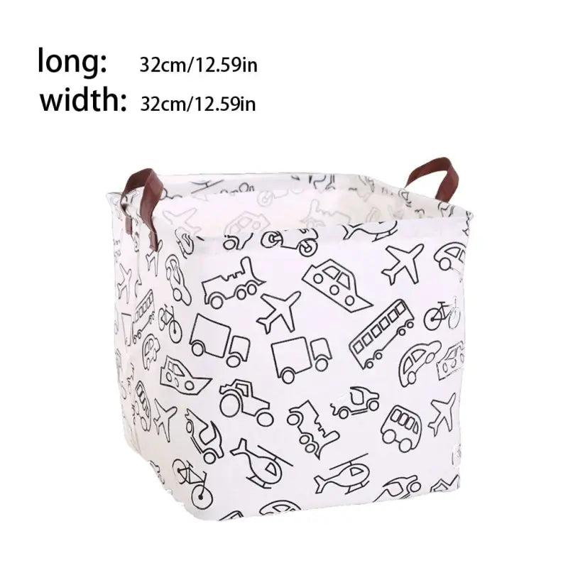 a white and black pattern on a white fabric storage bag