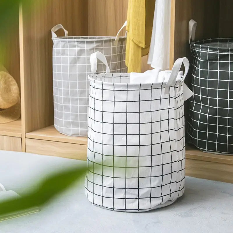 a white basket with black grids on it
