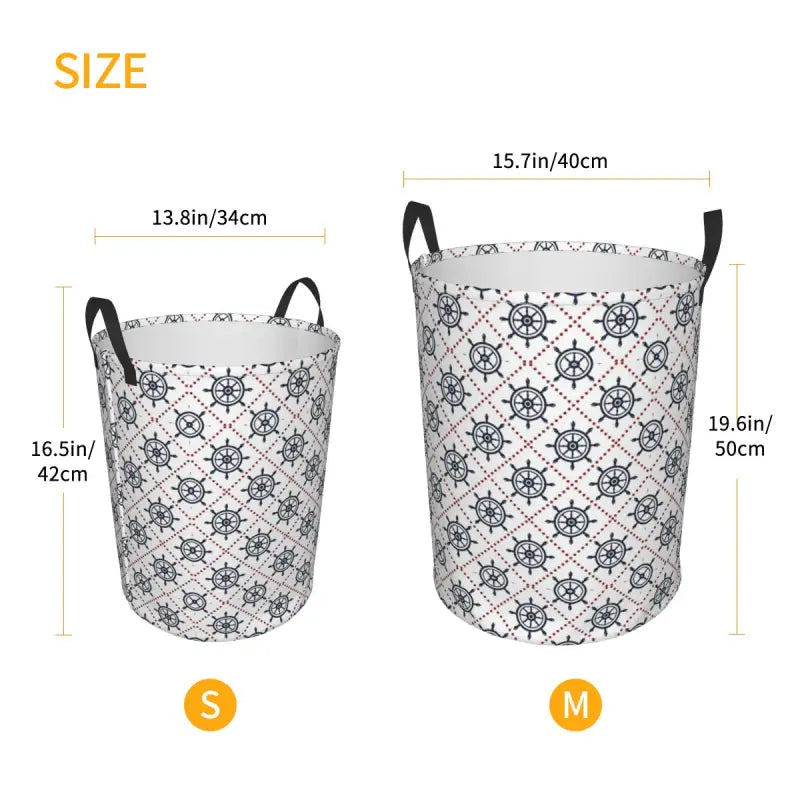 a white and black pattern laundry basket with handles