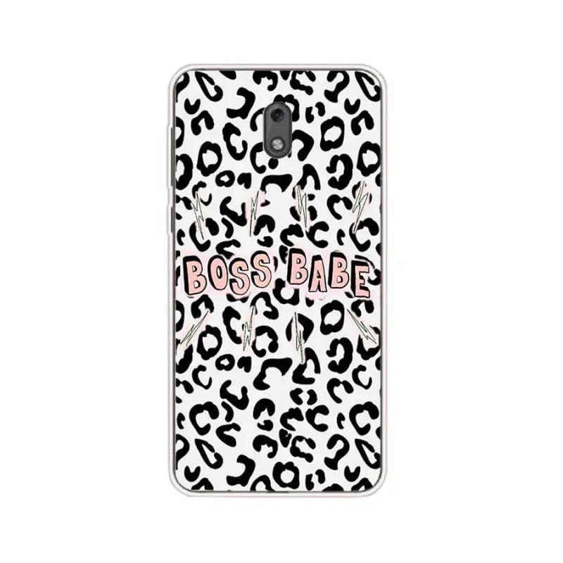 a white and black leopard print phone case with the word boosie