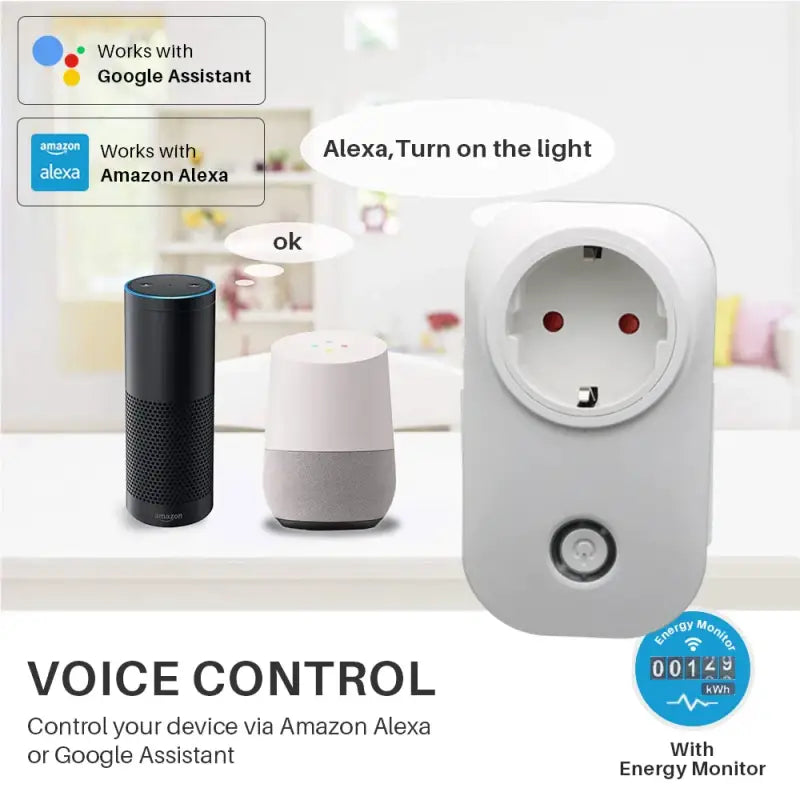 A white and black smart home device with a voice control