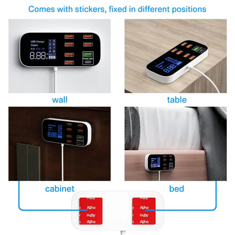 a white and black wall mounted charger with a red and blue led