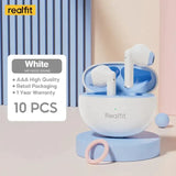 a white and blue airpods with a pink and blue background