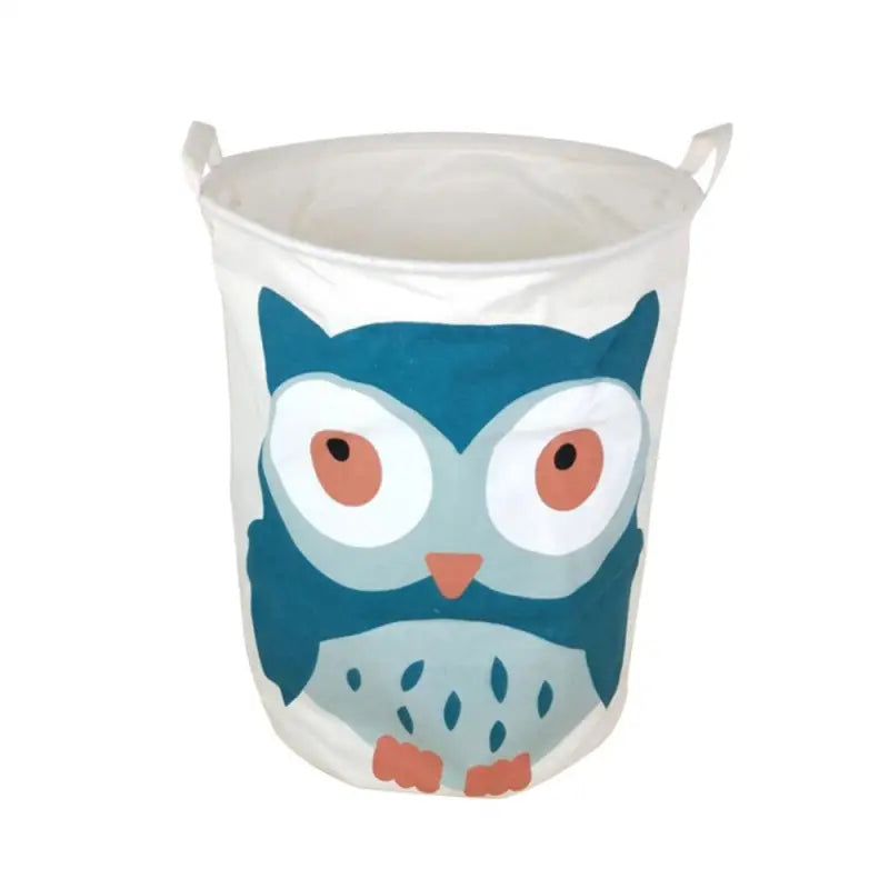 a blue owl toy bin with a white handle
