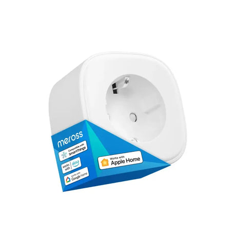 A white and blue box with a white plug on it