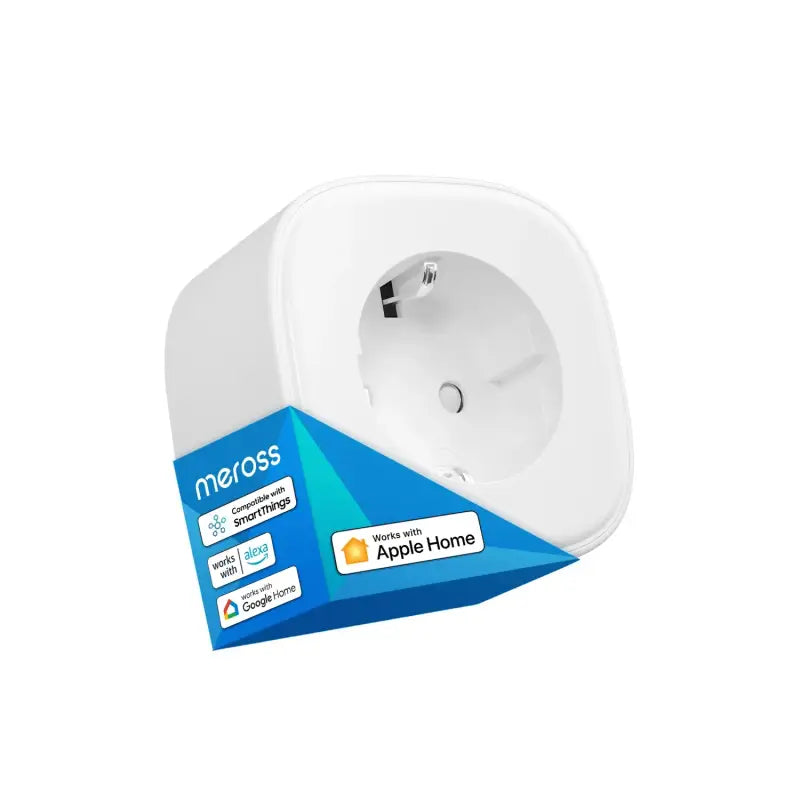 a white and blue box with a white plug on it