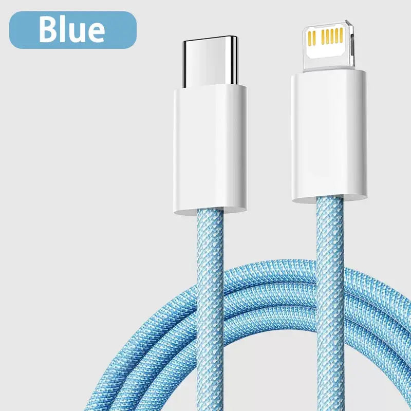 a close up of a blue cable connected to a white phone