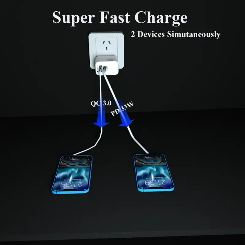 a white and blue charger with two charging ports