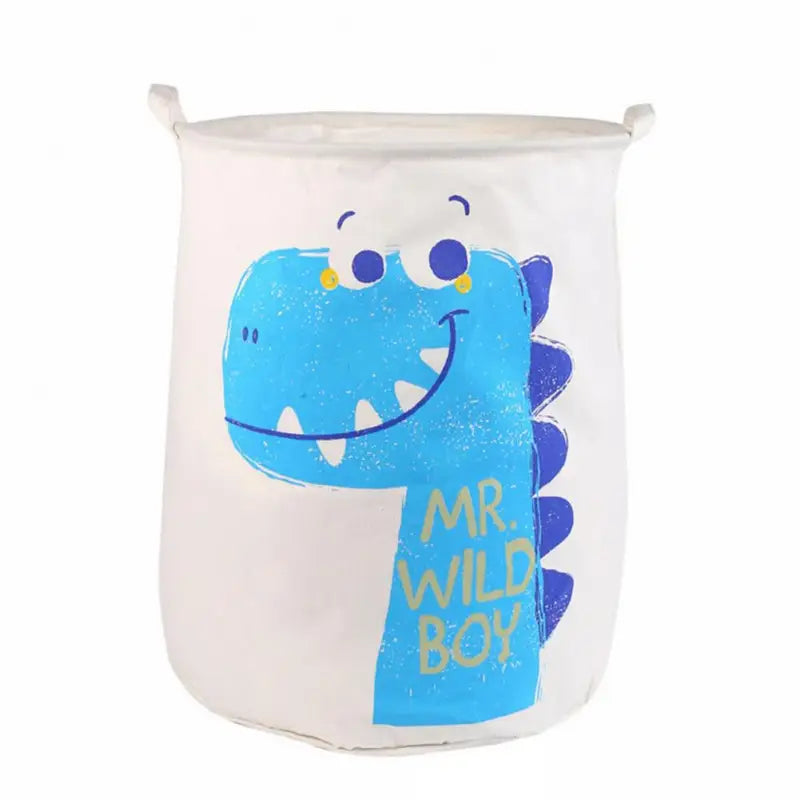 a white and blue dinosaur toy storage bag