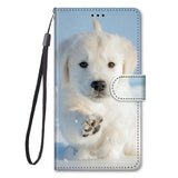 a white dog with blue eyes and a black nose on a blue background wallet case